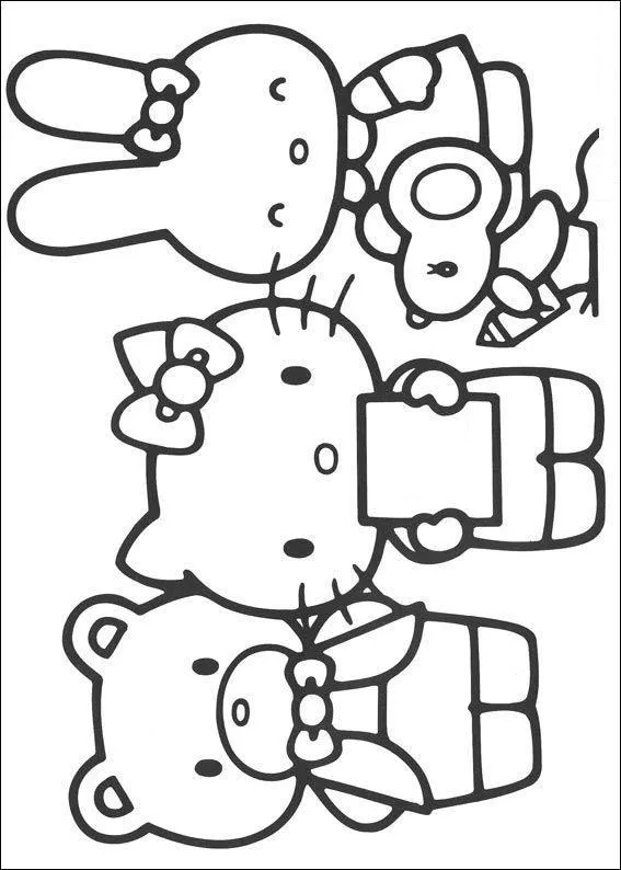 Desenho de contorno em preto e branco da Hello Kitty segurando um objeto retangular, cercada por um urso de gravata borboleta, uma coelhinha e um ratinho com lápis.