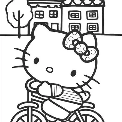 Desenho da Hello Kitty na Bicicleta pela Vila para Colorir
