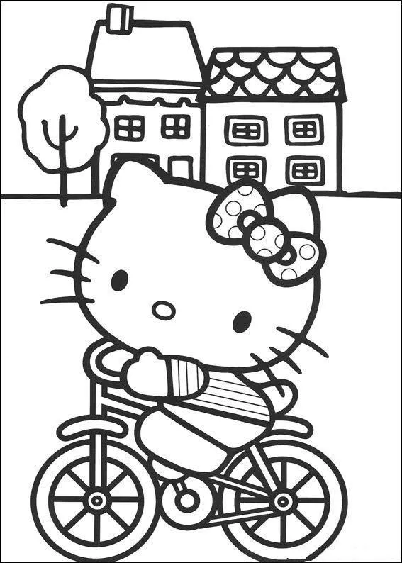 Desenho de contorno em preto e branco da Hello Kitty andando de bicicleta, usando um laço de bolinhas, com duas casas e uma árvore ao fundo.