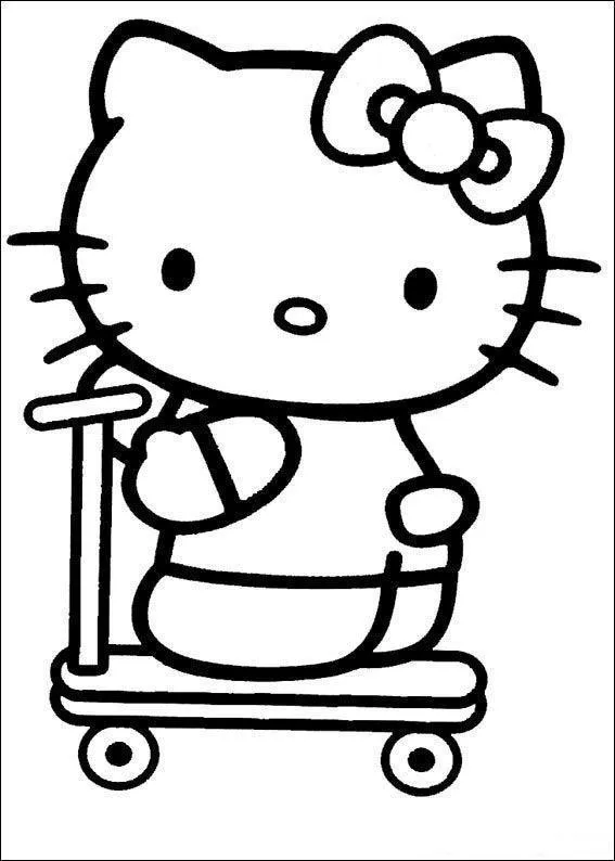 Desenho de contorno em preto e branco da Hello Kitty em cima de um patinete, segurando o guidão com uma das mãos.
