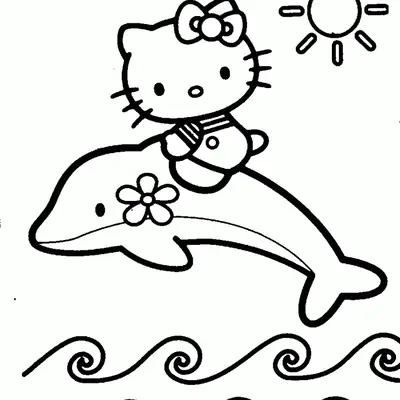Desenho de contorno em preto e branco da Hello Kitty sentada em um golfinho decorado com uma flor, saltando sobre ondas estilizadas com um sol ao fundo.