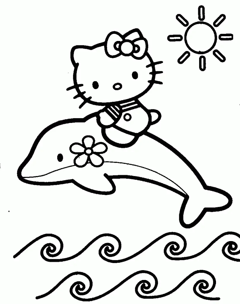 Desenho de contorno em preto e branco da Hello Kitty sentada em um golfinho decorado com uma flor, saltando sobre ondas estilizadas com um sol ao fundo.