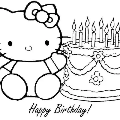 Desenho de contorno da personagem Hello Kitty sentada ao lado de um grande bolo de aniversário com seis velas e decorações florais.