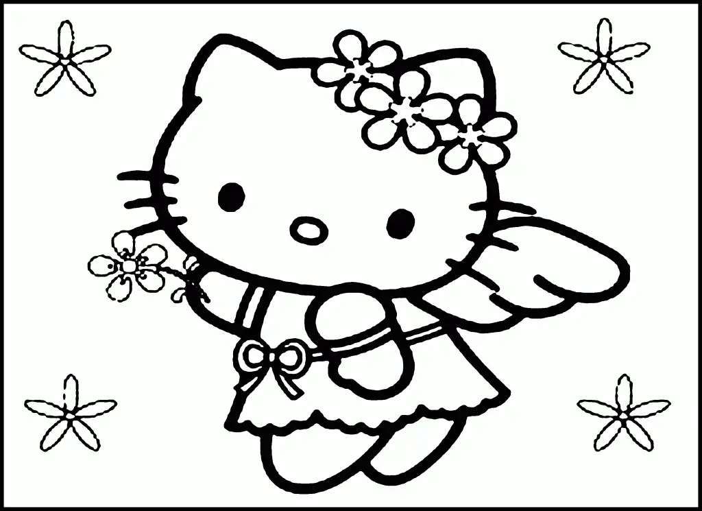 Desenho de contorno em preto e branco da Hello Kitty com asas de anjo, usando uma tiara de flores e segurando uma flor, cercada por pequenas flores flutuantes.