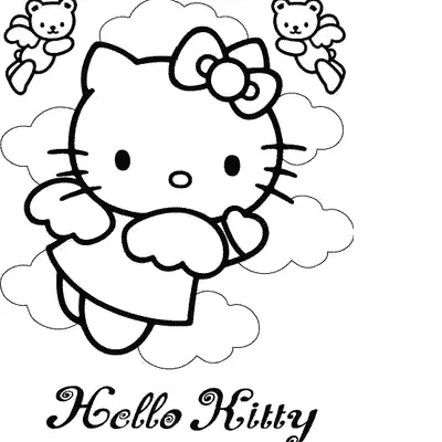 Desenho de contorno em preto e branco da Hello Kitty Anjo flutuando entre nuvens com ursinhos alados e o texto Hello Kitty abaixo.