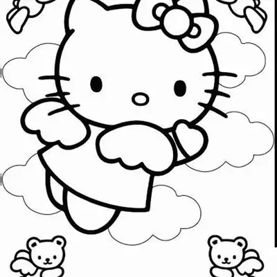 Desenho de contorno em preto e branco da Hello Kitty com asas de anjo, flutuando em nuvens cercada por quatro ursinhos também com asas.