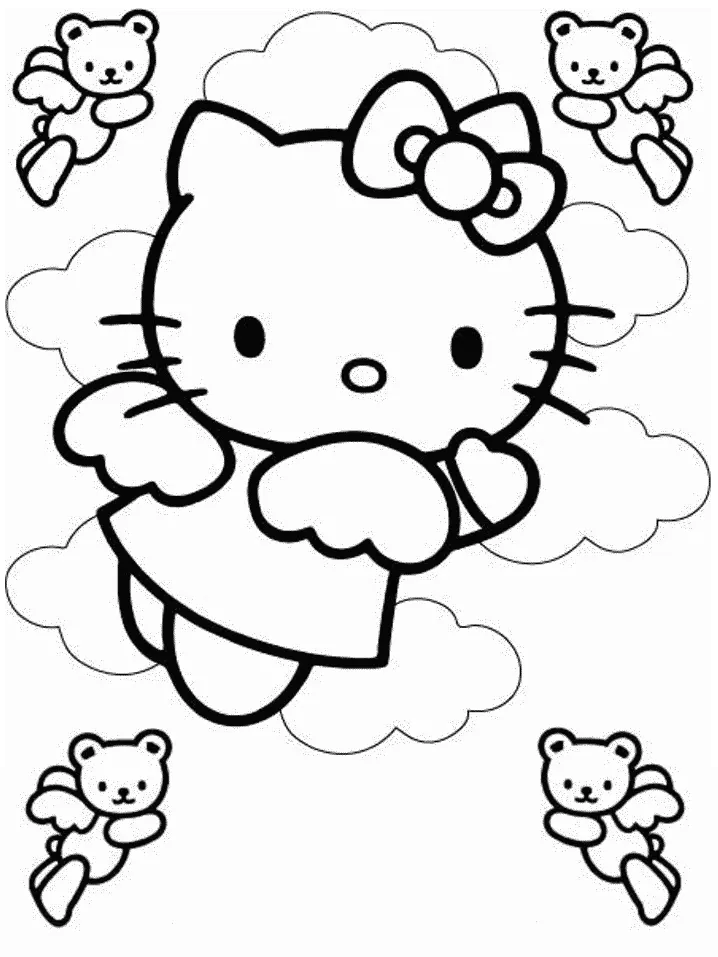 Desenho de contorno em preto e branco da Hello Kitty com asas de anjo, flutuando em nuvens cercada por quatro ursinhos também com asas.