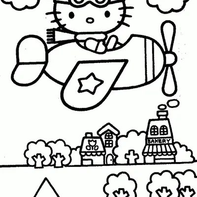 Desenho da Hello Kitty Piloto voando de Avião para Colorir