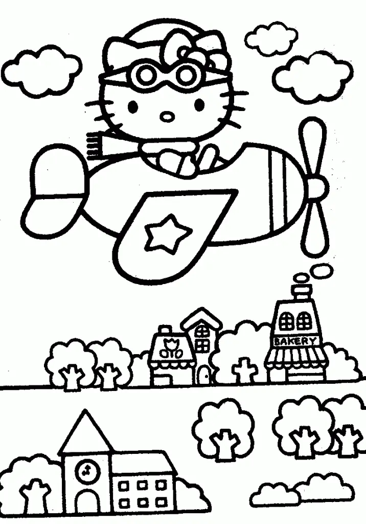 Desenho de contorno em preto e branco da Hello Kitty usando óculos de proteção e cachecol, pilotando um avião com uma estrela na asa sobre uma cidade.