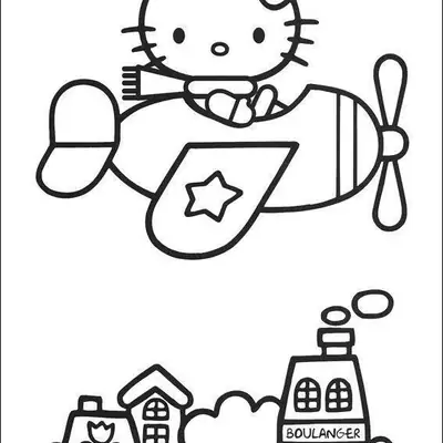 Desenho da Hello Kitty em seu Avião sobre a Vila para Colorir