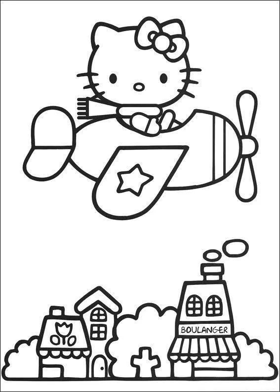 Desenho de contorno em preto e branco da Hello Kitty em um avião monomotor com uma estrela na asa, sobrevoando casas, árvores e uma padaria.