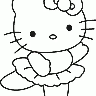 Desenho de contorno em preto e branco da Hello Kitty vestida com um saiote de bailarina (tutu), equilibrando-se em um pé em uma pose de dança.