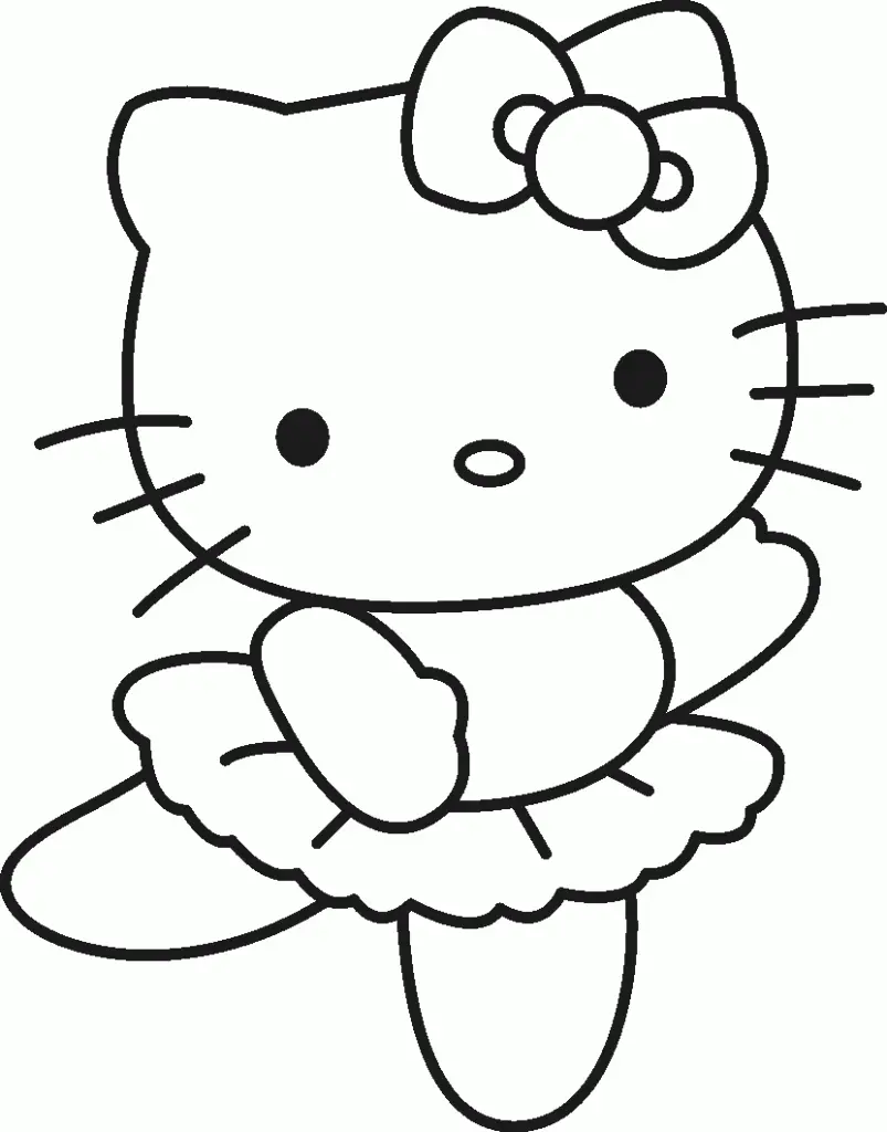 Desenho de contorno em preto e branco da Hello Kitty vestida com um saiote de bailarina (tutu), equilibrando-se em um pé em uma pose de dança.