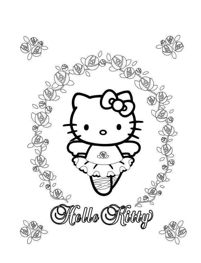 Desenho de contorno em preto e branco da Hello Kitty vestida de bailarina, dentro de um arco circular feito de rosas, com o nome escrito abaixo.