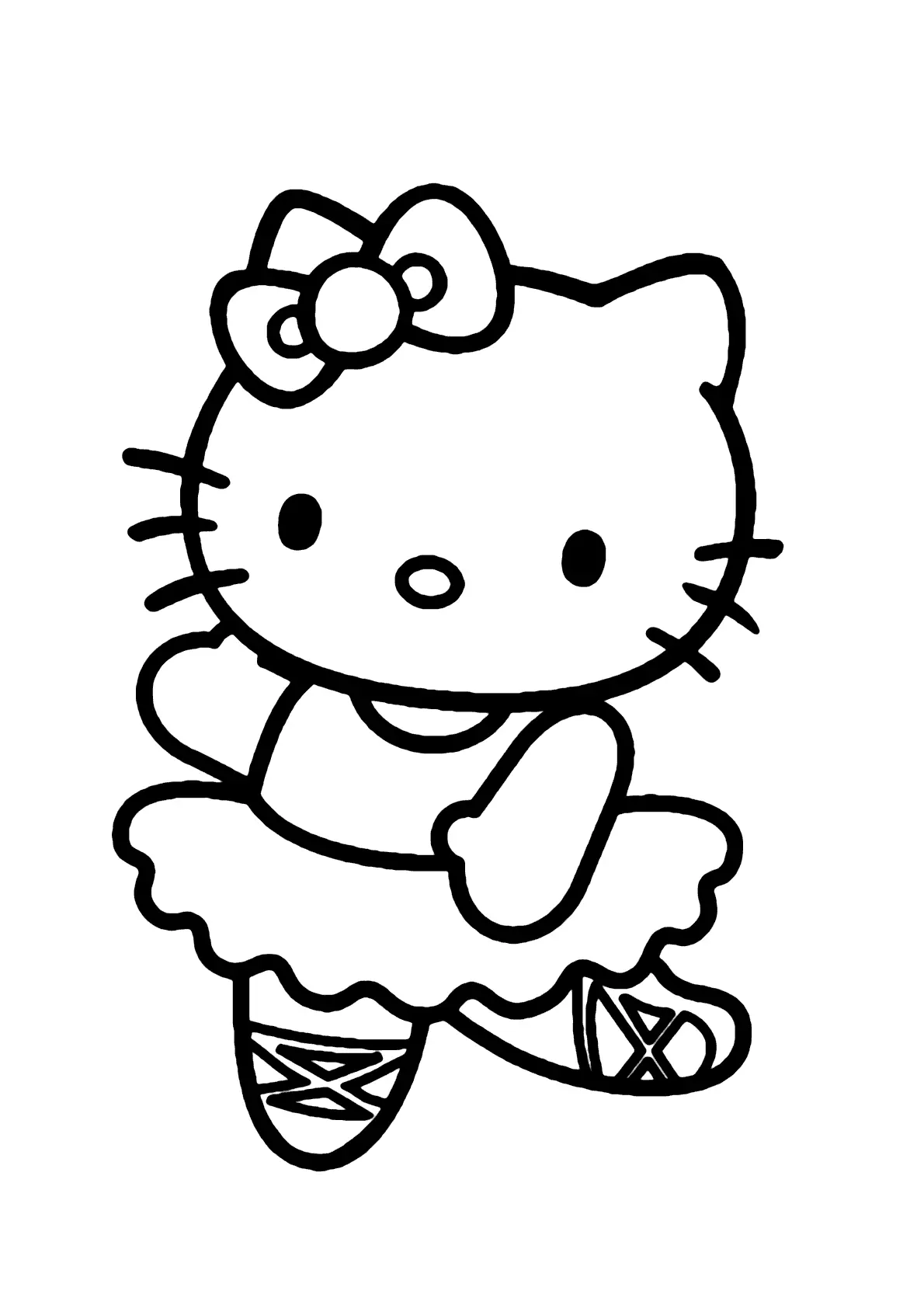 Desenho de contorno em preto e branco da Hello Kitty de pé, usando um laço na orelha, collant, tutu de babados e sapatilhas de ballet cruzadas.