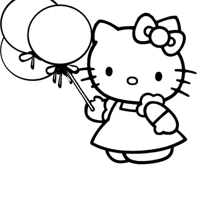 Desenho de contorno em preto e branco da Hello Kitty em pé, segurando o barbante de três balões grandes e redondos.