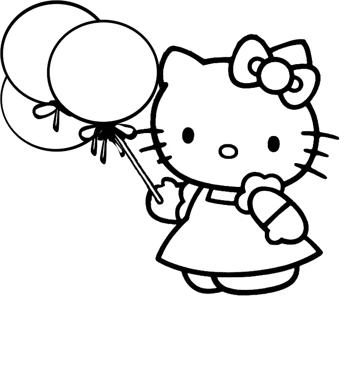 Desenho de contorno em preto e branco da Hello Kitty em pé, segurando o barbante de três balões grandes e redondos.