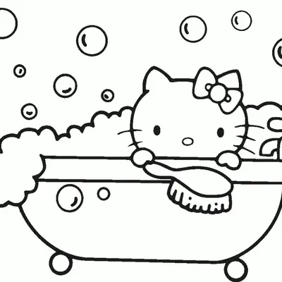 Desenho de contorno em preto e branco da Hello Kitty dentro de uma banheira com pés, coberta por espuma e segurando uma escova de banho.