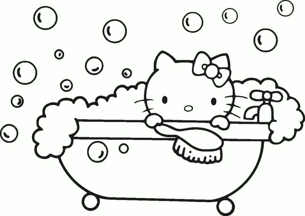 Desenho de contorno em preto e branco da Hello Kitty dentro de uma banheira com pés, coberta por espuma e segurando uma escova de banho.