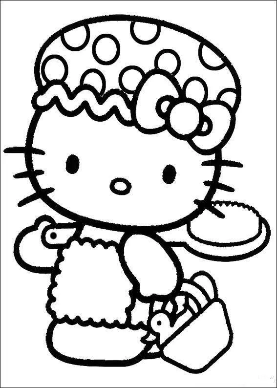 Desenho de contorno em preto e branco da Hello Kitty usando uma touca de banho com estampa de bolinhas, segurando uma escova de costas e uma pequena cesta.