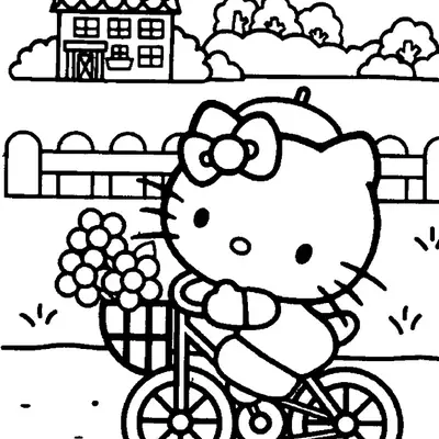 Desenho de contorno em preto e branco da Hello Kitty andando de bicicleta, com cesta de flores, em uma estrada de terra com uma casa e cerca ao fundo.