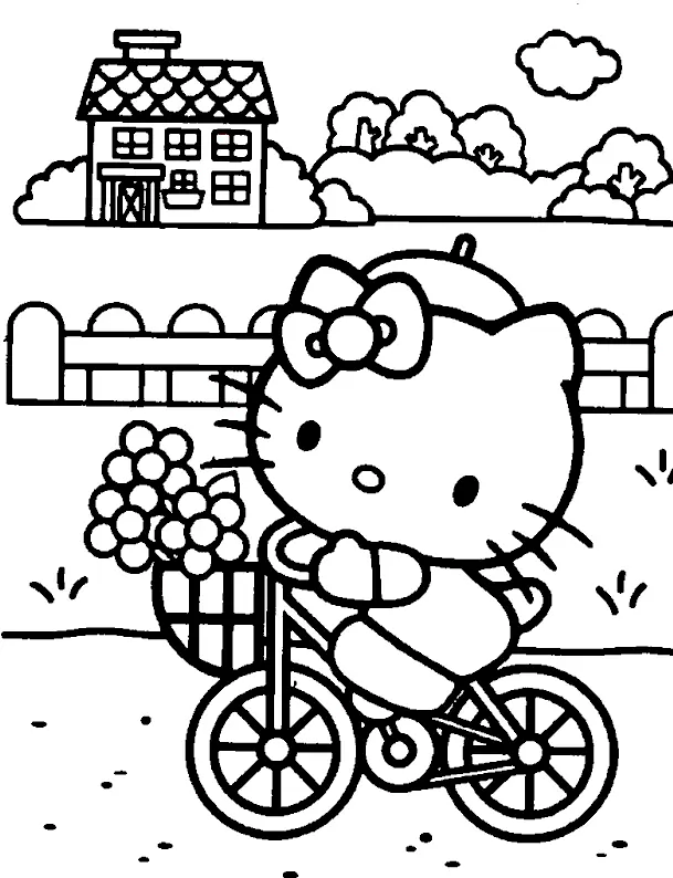 Desenho de contorno em preto e branco da Hello Kitty andando de bicicleta, com cesta de flores, em uma estrada de terra com uma casa e cerca ao fundo.