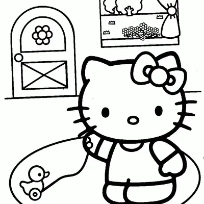 Desenho de contorno em preto e branco da Hello Kitty puxando um brinquedo de pato com rodas, em uma sala com tapete, porta com flor e janela.
