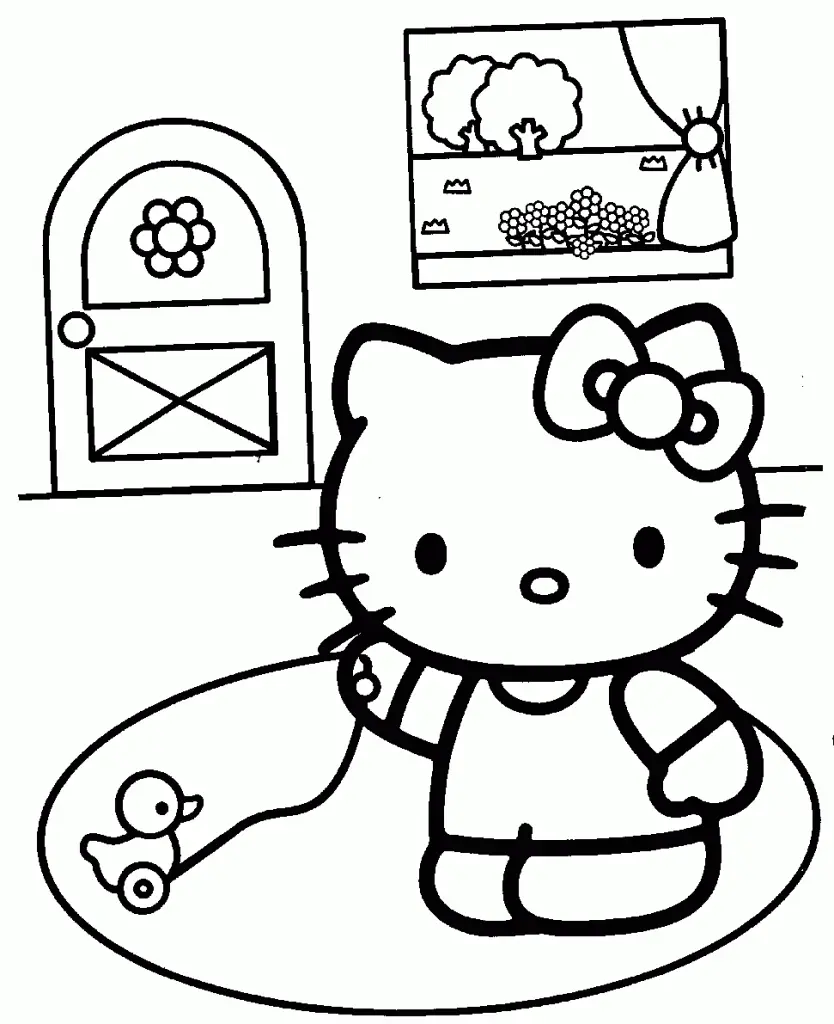 Desenho de contorno em preto e branco da Hello Kitty puxando um brinquedo de pato com rodas, em uma sala com tapete, porta com flor e janela.