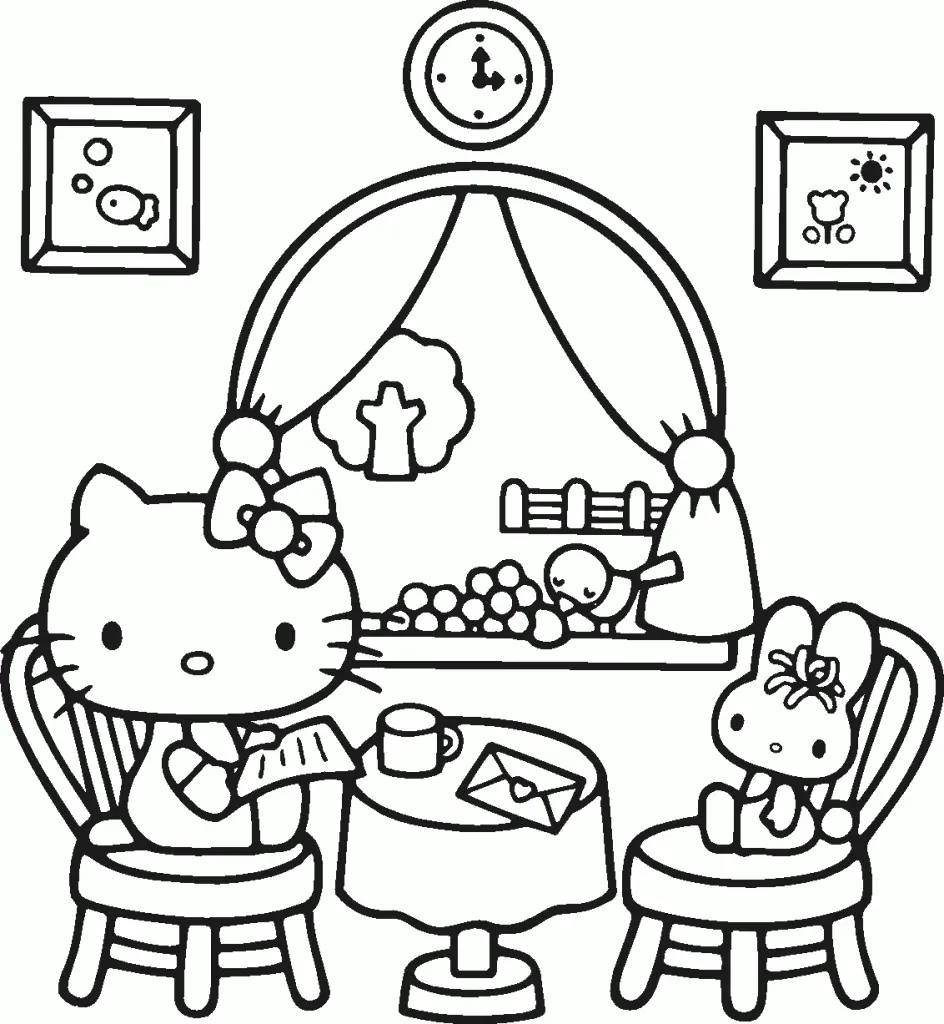 Desenho de contorno em preto e branco da Hello Kitty sentada em uma cadeira de madeira, lendo um papel em uma mesa com café e um envelope de coração.