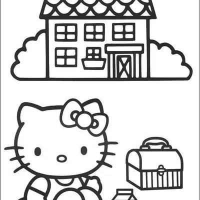 Desenho da Hello Kitty com Lancheira e Casa para Colorir