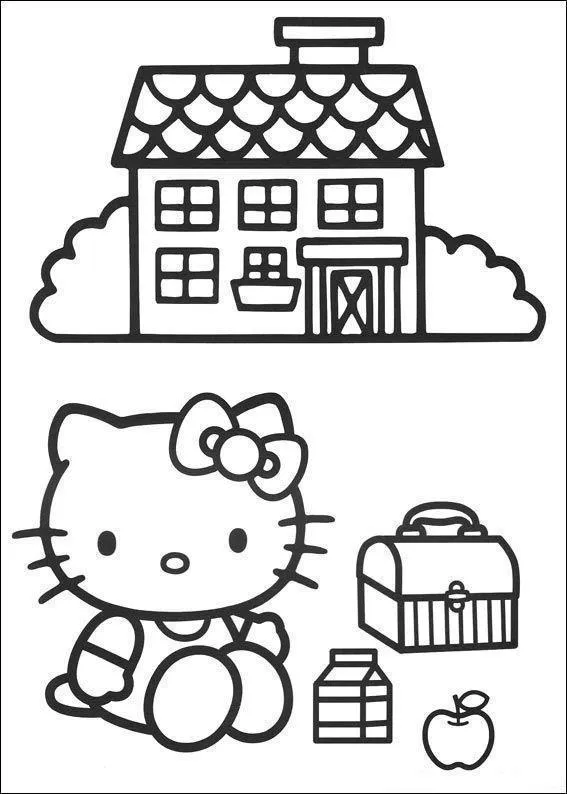 Desenho de contorno em preto e branco da Hello Kitty sentada no chão ao lado de uma lancheira listrada, uma maçã e um leite, com sua casa ao fundo.