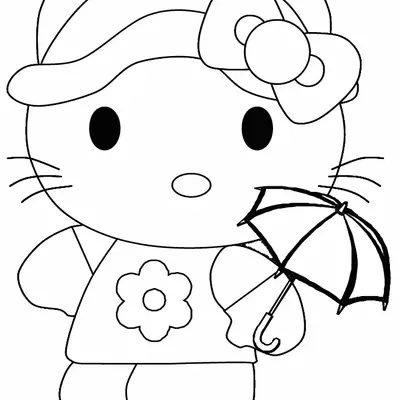 Desenho da Hello Kitty com Chapéu e Guarda-Sol para Colorir