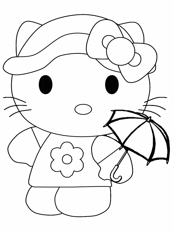 Desenho de contorno em preto e branco da Hello Kitty usando um chapéu ondulado sobre seu laço e segurando um guarda-sol aberto.