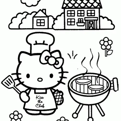 Desenho de contorno em preto e branco da Hello Kitty chef segurando uma espátula ao lado de uma churrasqueira com fumaça, em um jardim com casas ao fundo.