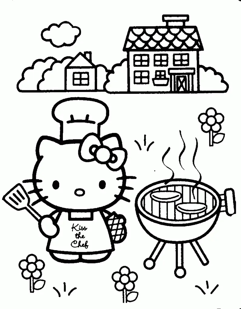 Desenho de contorno em preto e branco da Hello Kitty chef segurando uma espátula ao lado de uma churrasqueira com fumaça, em um jardim com casas ao fundo.