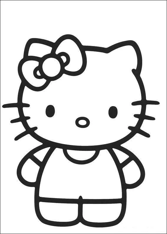Desenho de contorno em preto e branco da Hello Kitty em pé, de frente, com seu laço na orelha esquerda e seu macacão tradicional.