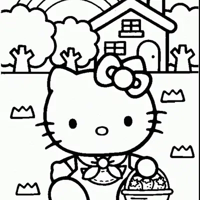 Desenho de contorno em preto e branco da Hello Kitty sentada segurando uma cesta de morangos em frente a uma casa com árvores e um arco-íris no céu.