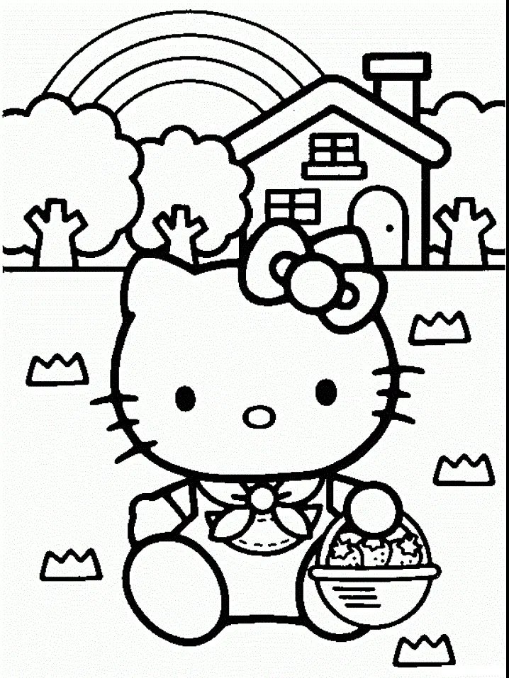 Desenho de contorno em preto e branco da Hello Kitty sentada segurando uma cesta de morangos em frente a uma casa com árvores e um arco-íris no céu.