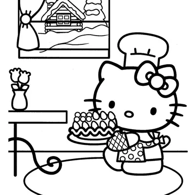 Desenho de contorno em preto e branco da Hello Kitty chef segurando uma torta de frutas, dentro de uma cozinha com vista para uma cabana na neve.