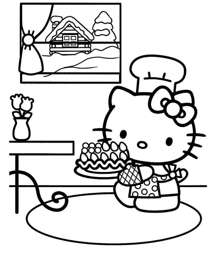 Desenho de contorno em preto e branco da Hello Kitty chef segurando uma torta de frutas, dentro de uma cozinha com vista para uma cabana na neve.