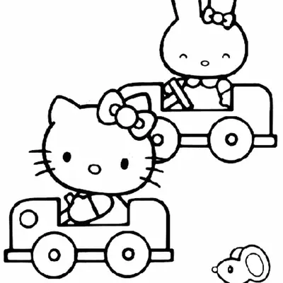 Desenho da Hello Kitty e Amigos em Carrinhos para Colorir