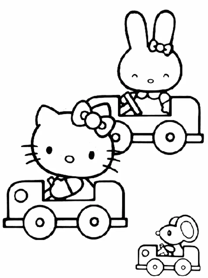 Desenho de contorno em preto e branco da Hello Kitty em um carrinho, seguida por uma coelhinha e um ratinho também em seus próprios veículos.