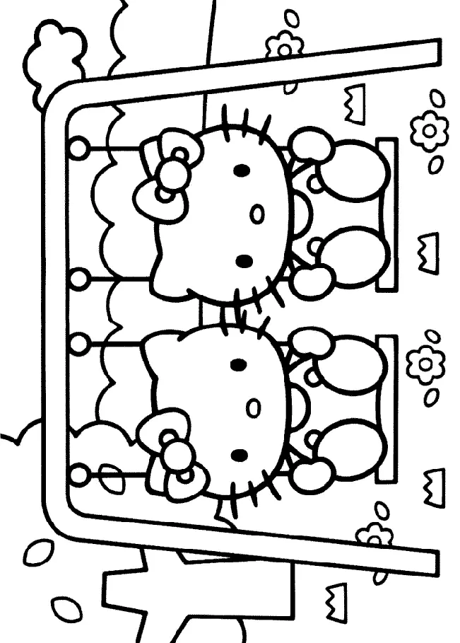 Desenho de contorno em preto e branco da Hello Kitty e Mimmy sentadas em balanços individuais em um parque ou jardim.
