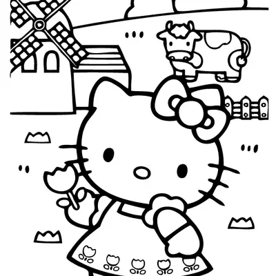Desenho de contorno em preto e branco da Hello Kitty em um campo, segurando uma tulipa, com uma vaca malhada e um moinho de vento ao fundo.