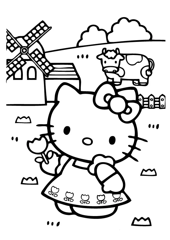 Desenho de contorno em preto e branco da Hello Kitty em um campo, segurando uma tulipa, com uma vaca malhada e um moinho de vento ao fundo.