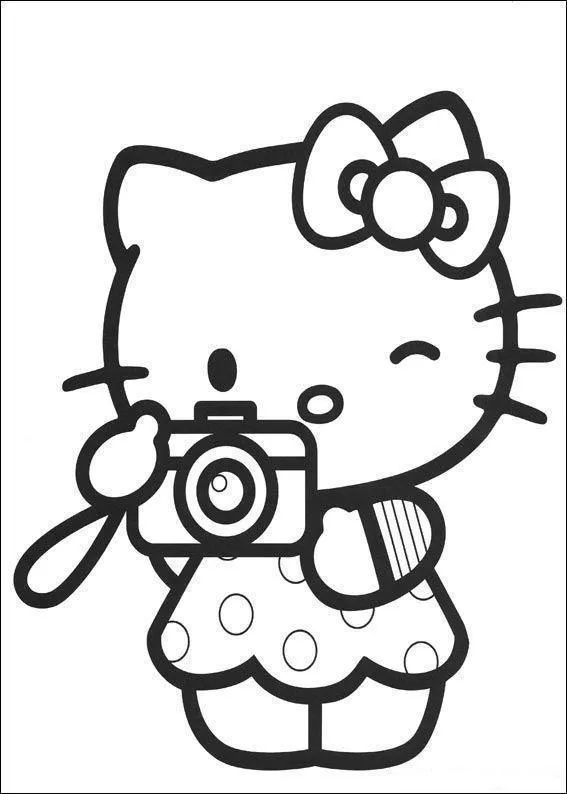 Desenho de contorno em preto e branco da Hello Kitty usando um vestido de bolinhas, piscando um olho e segurando uma câmera fotográfica com alça.