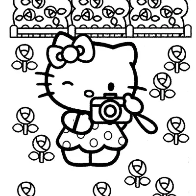 Desenho de contorno em preto e branco da Hello Kitty usando um vestido de bolinhas, segurando uma câmera e piscando, cercada por flores e arbustos de rosas.