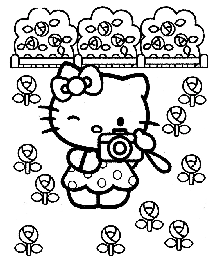 Desenho de contorno em preto e branco da Hello Kitty usando um vestido de bolinhas, segurando uma câmera e piscando, cercada por flores e arbustos de rosas.