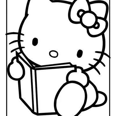 Desenho de contorno em preto e branco da Hello Kitty segurando um livro aberto com as mãos, em posição de leitura.