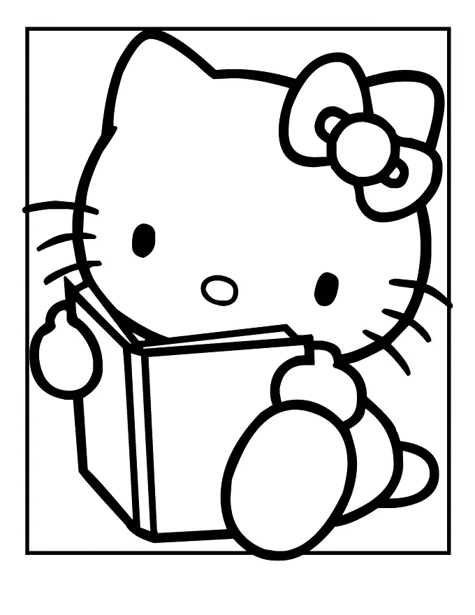 Desenho de contorno em preto e branco da Hello Kitty segurando um livro aberto com as mãos, em posição de leitura.